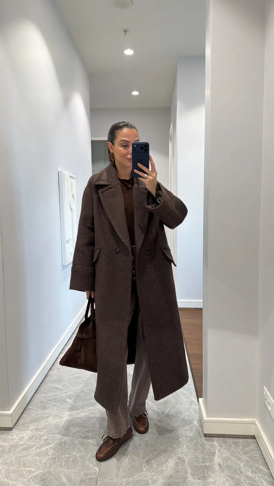 Oversized premium quality   texture pattern brown faux wool coat