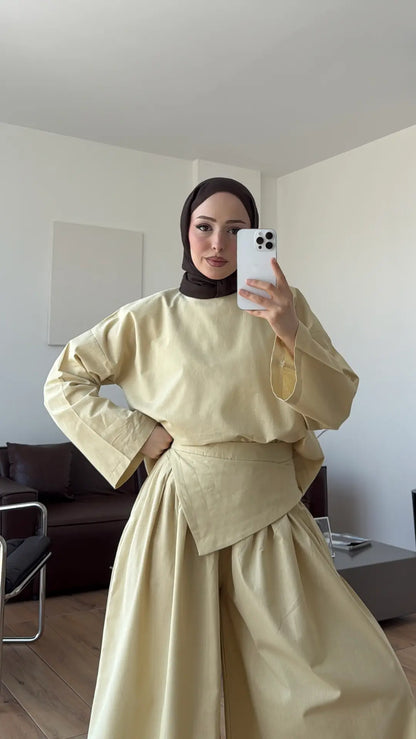 PIECE DETAILED LINEN SET - lime yellow