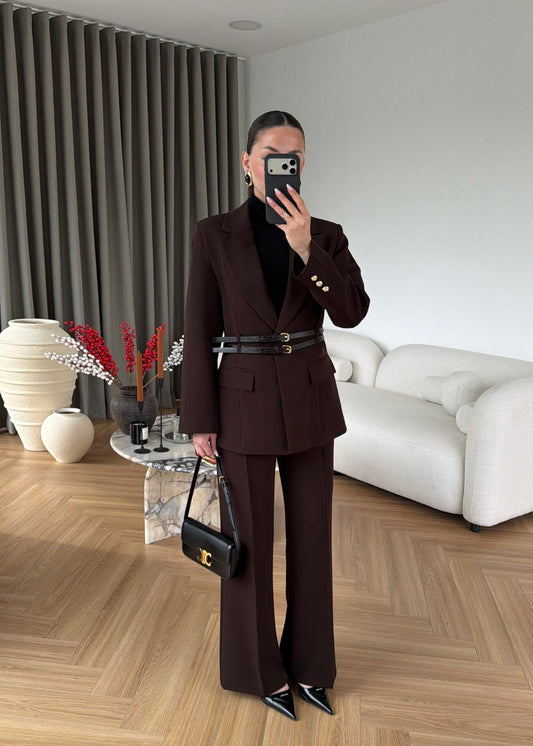 Double Belt Blazer Suit DARK BROWN