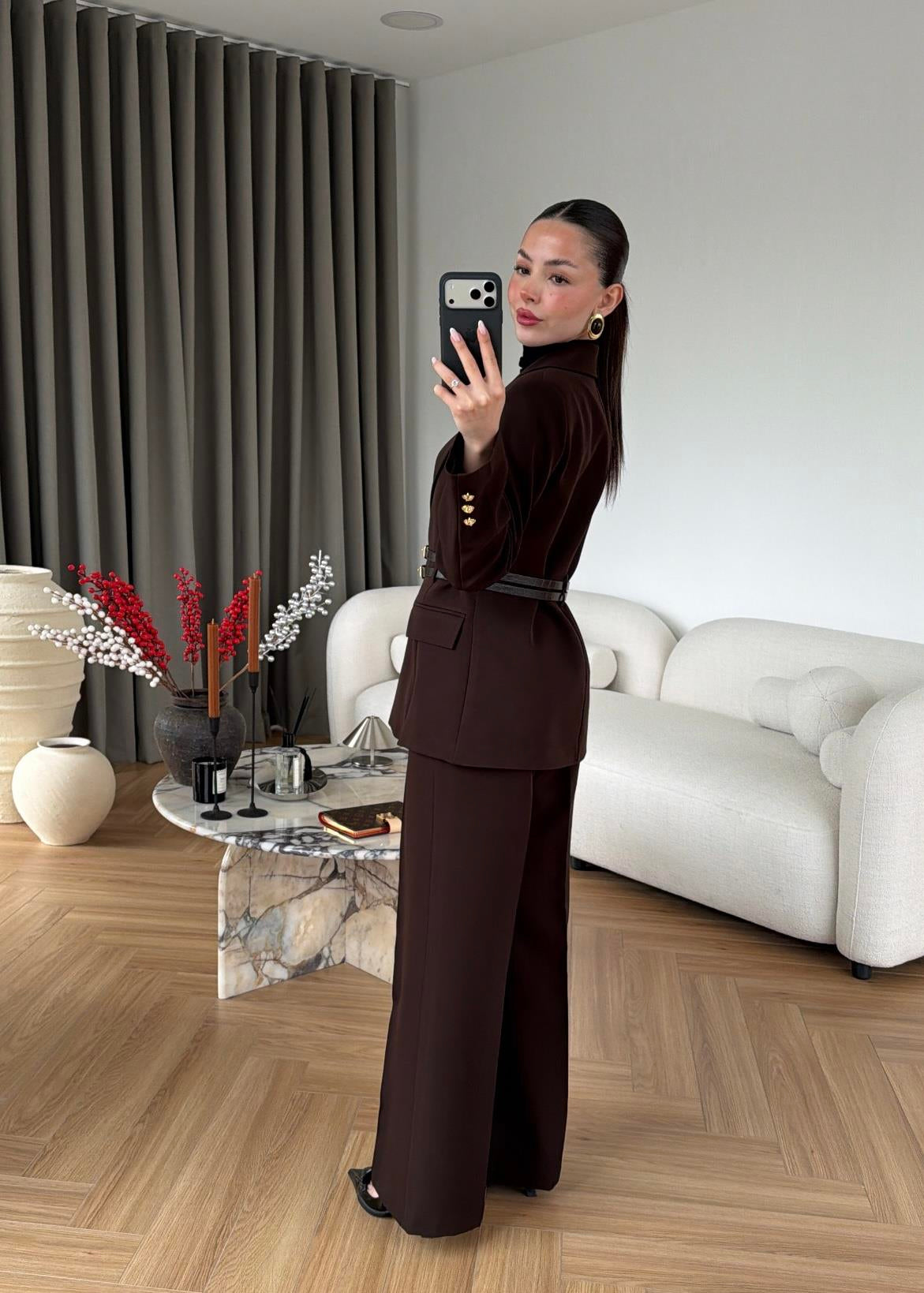 Double Belt Blazer Suit DARK BROWN