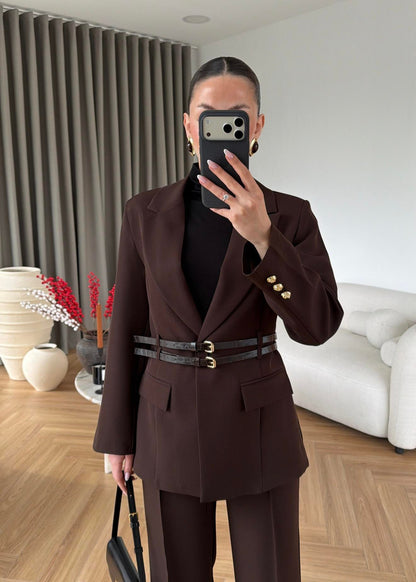 Double Belt Blazer Suit DARK BROWN