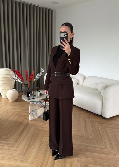 Double Belt Blazer Suit DARK BROWN