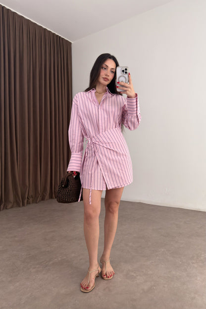 Striped Pink Tie-Up Shirt Dress