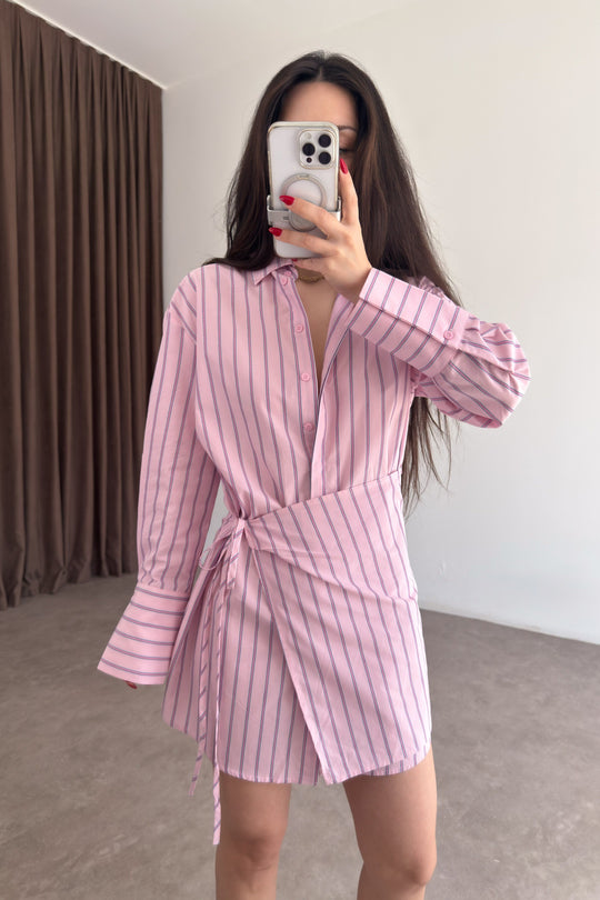 Striped Pink Tie-Up Shirt Dress