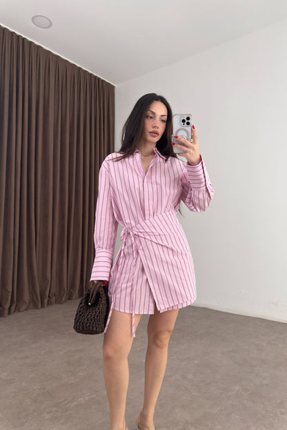 Striped Pink Tie-Up Shirt Dress