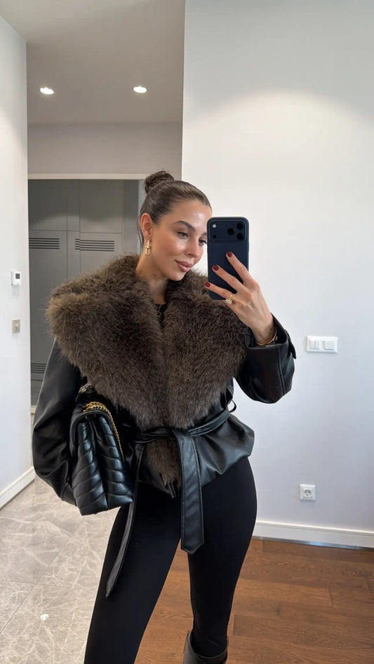 Zara model faux leather with removable fur collar