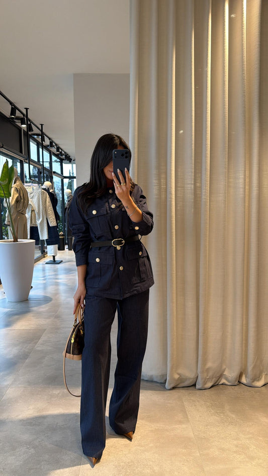 Belted double Pocket jeans suit