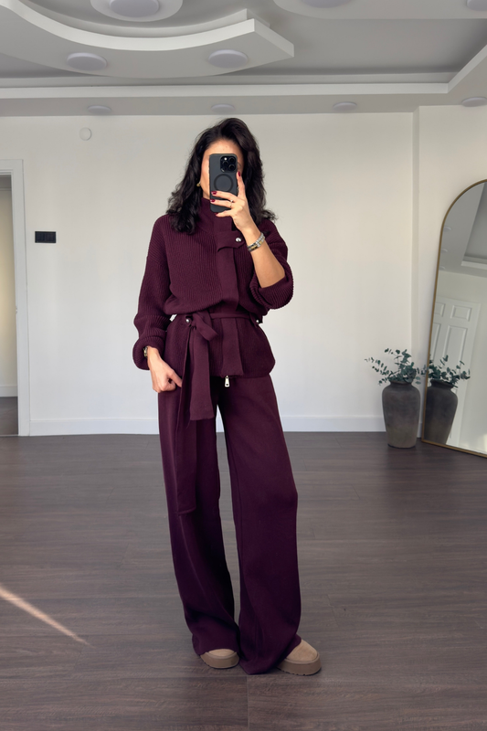 STAND-UP COLLAR BELTED KNITWEAR SET