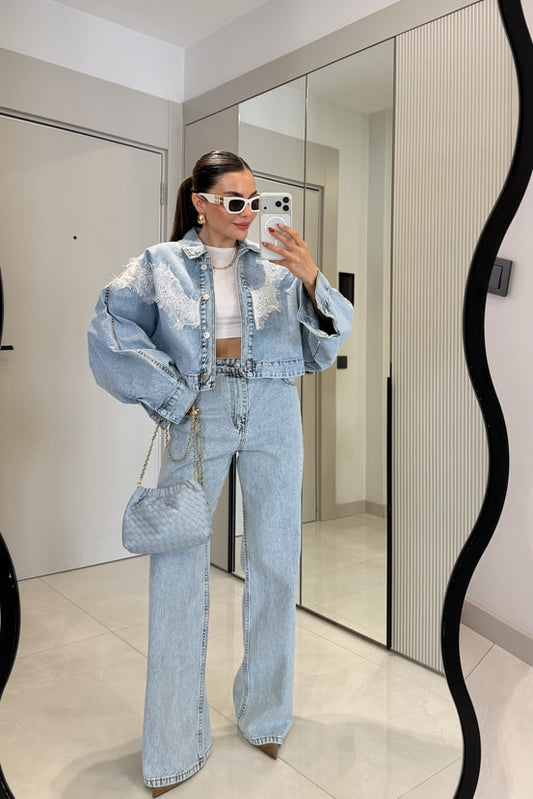 Zara model Dobbie Denim Suit with Lace Details