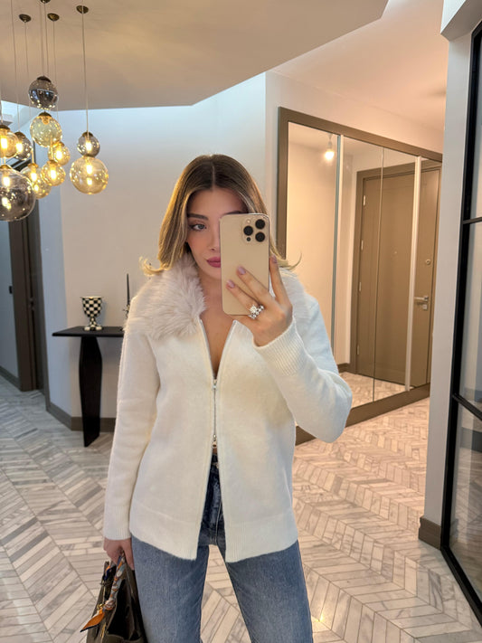 Off-white fur-trimmed double-zipper cardigan