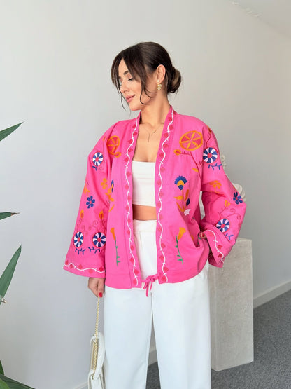 Zara model gabardine kimono with embroidery details