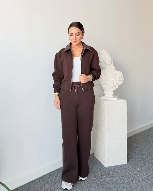 Nowri Velvet Garnished Coffee-Red fleece Tracksuit (warm inside)