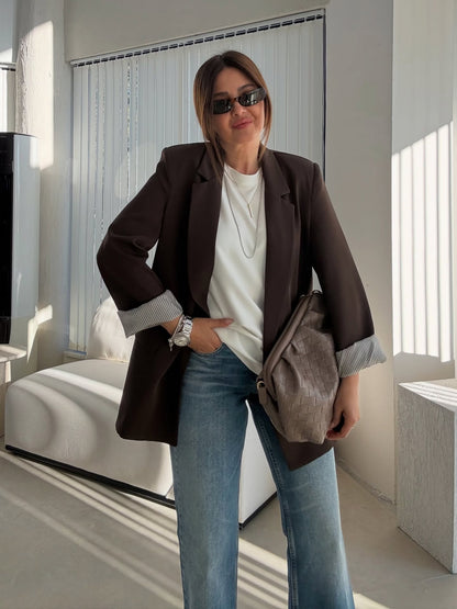 Oversized blazer with striped lining-brown