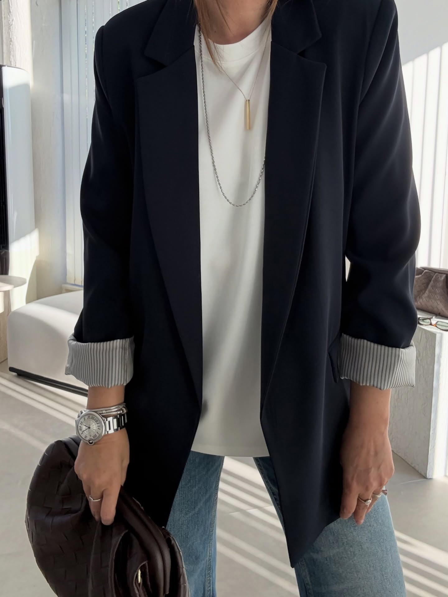 Oversized blazer with striped lining-black