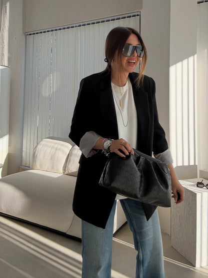 Oversized blazer with striped lining-black