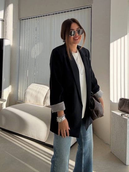 Oversized blazer with striped lining-black