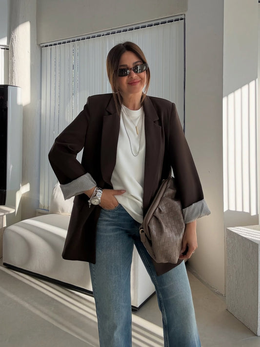 Oversized blazer with striped lining-brown