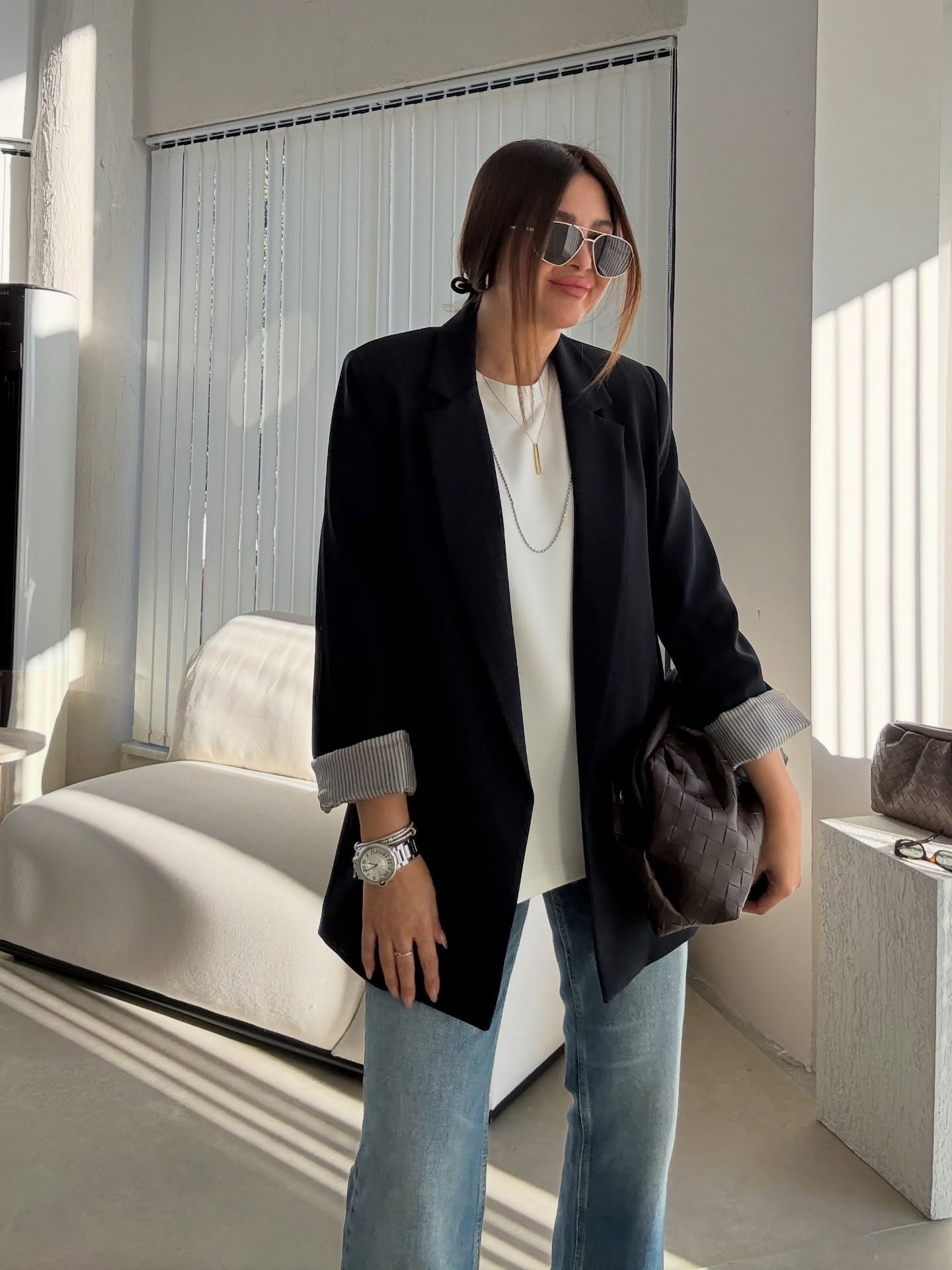 Oversized blazer with striped lining-black