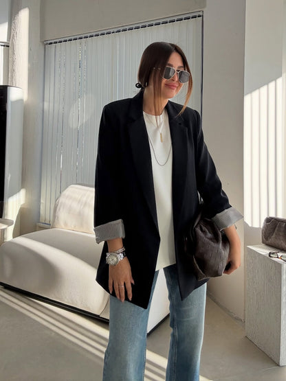 Oversized blazer with striped lining-black