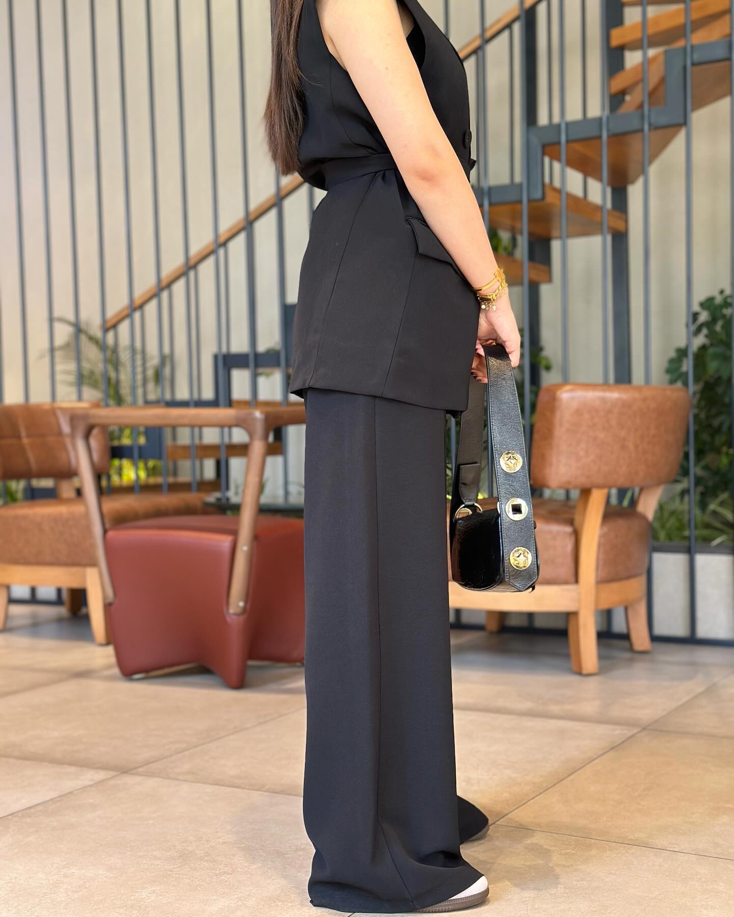 Double breasted belted waistcoat suit