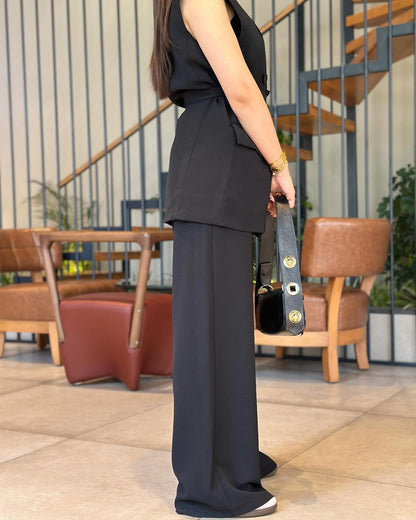 Double breasted belted waistcoat suit