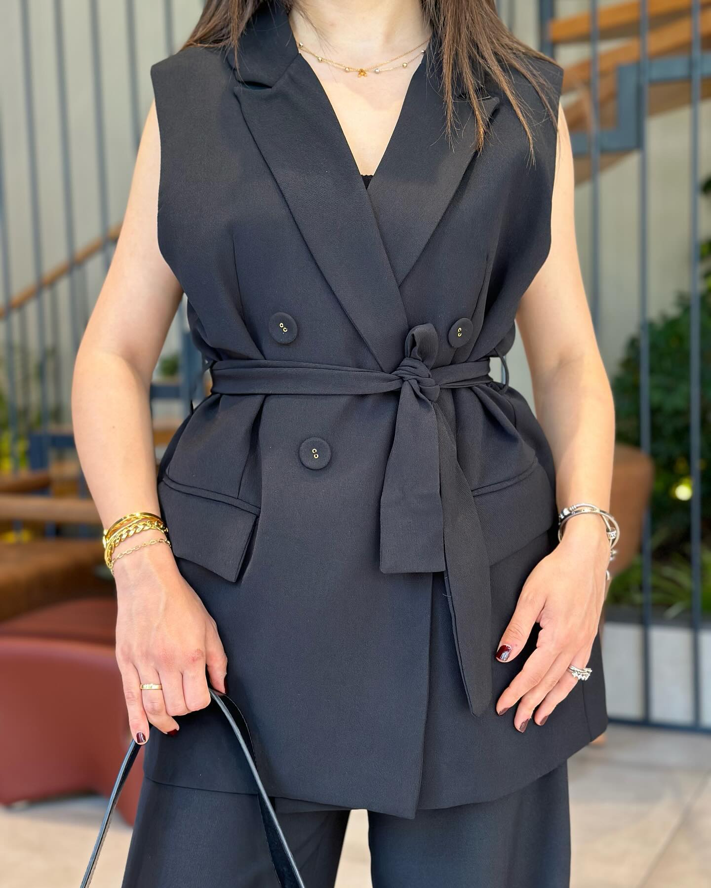 Double breasted belted waistcoat suit