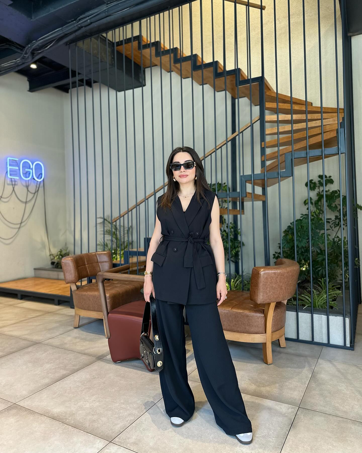 Double breasted belted waistcoat suit