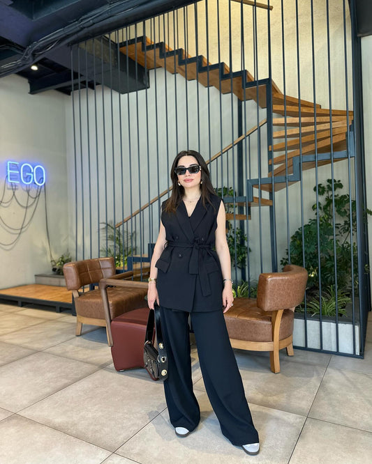 Double breasted belted waistcoat suit