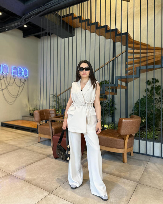 Double breasted belted waistcoat suit