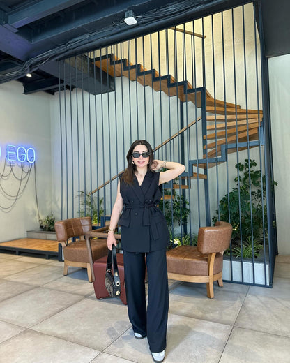 Double breasted belted waistcoat suit