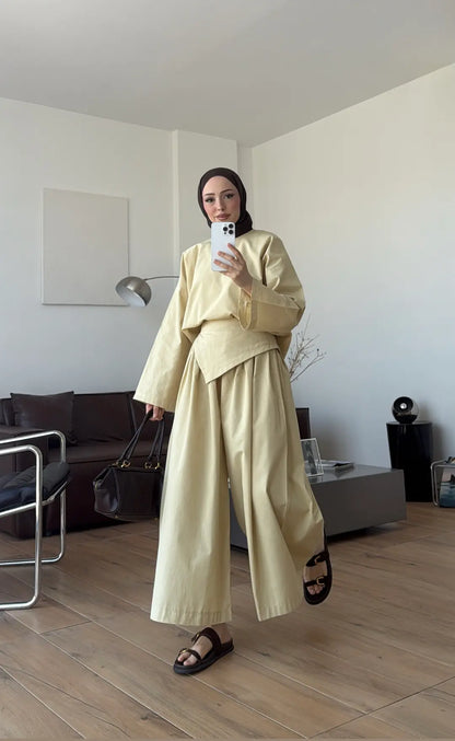 PIECE DETAILED LINEN SET - lime yellow