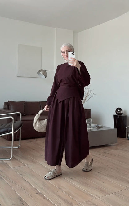 PIECE DETAILED LINEN SET - BURGUNDY