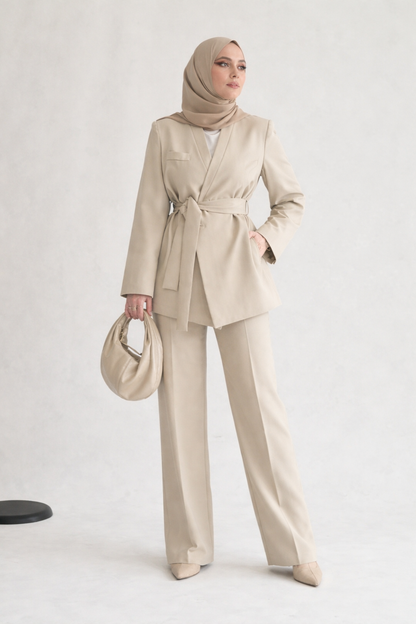 Beige Premium belted blazer wide leg trouser suit