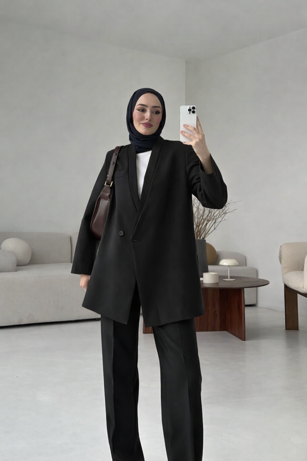 Black Premium belted blazer wide leg trouser suit