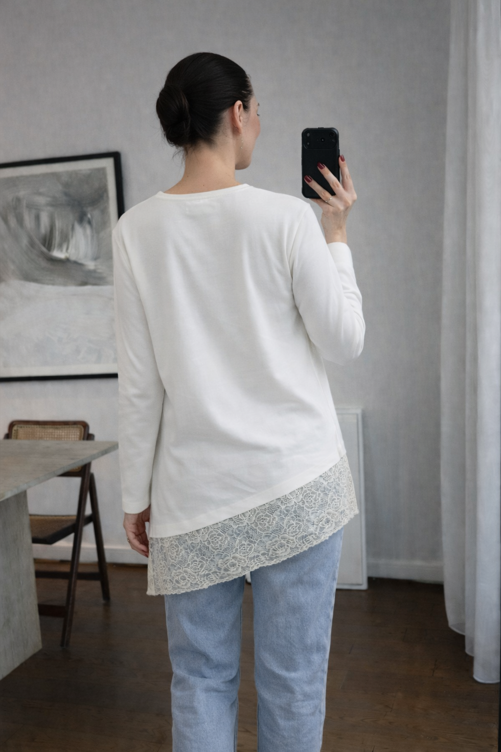 Oversized bias-cut blouse with lace details