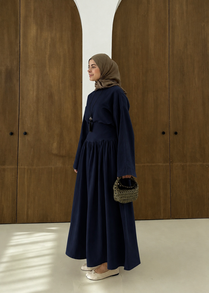 Wide sleeve blouse, High-waisted skirt with flowy silhouette Two-Piece Set - navy blue