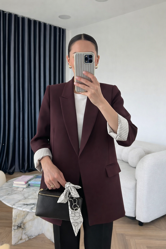 Oversized blazer with striped lining-burgundy