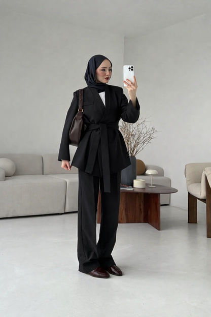 Black Premium belted blazer wide leg trouser suit