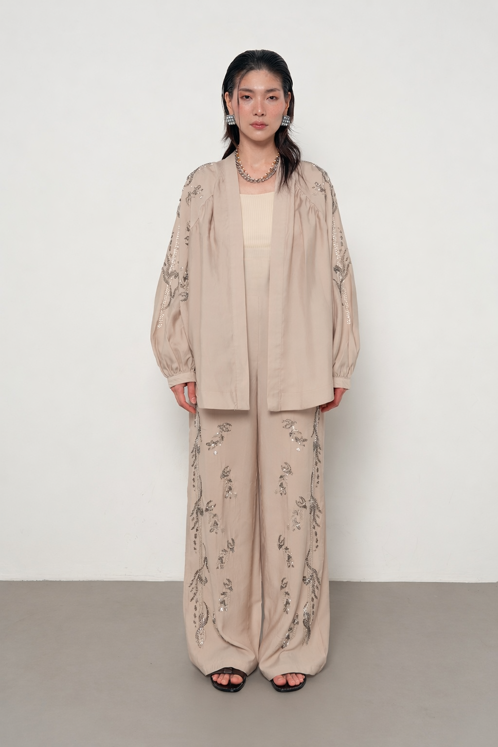 Beige premium Rhinestone Embellished Two-Piece Set