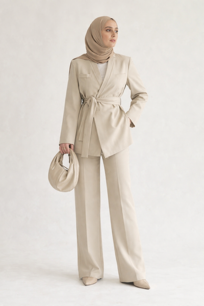 Beige Premium belted blazer wide leg trouser suit