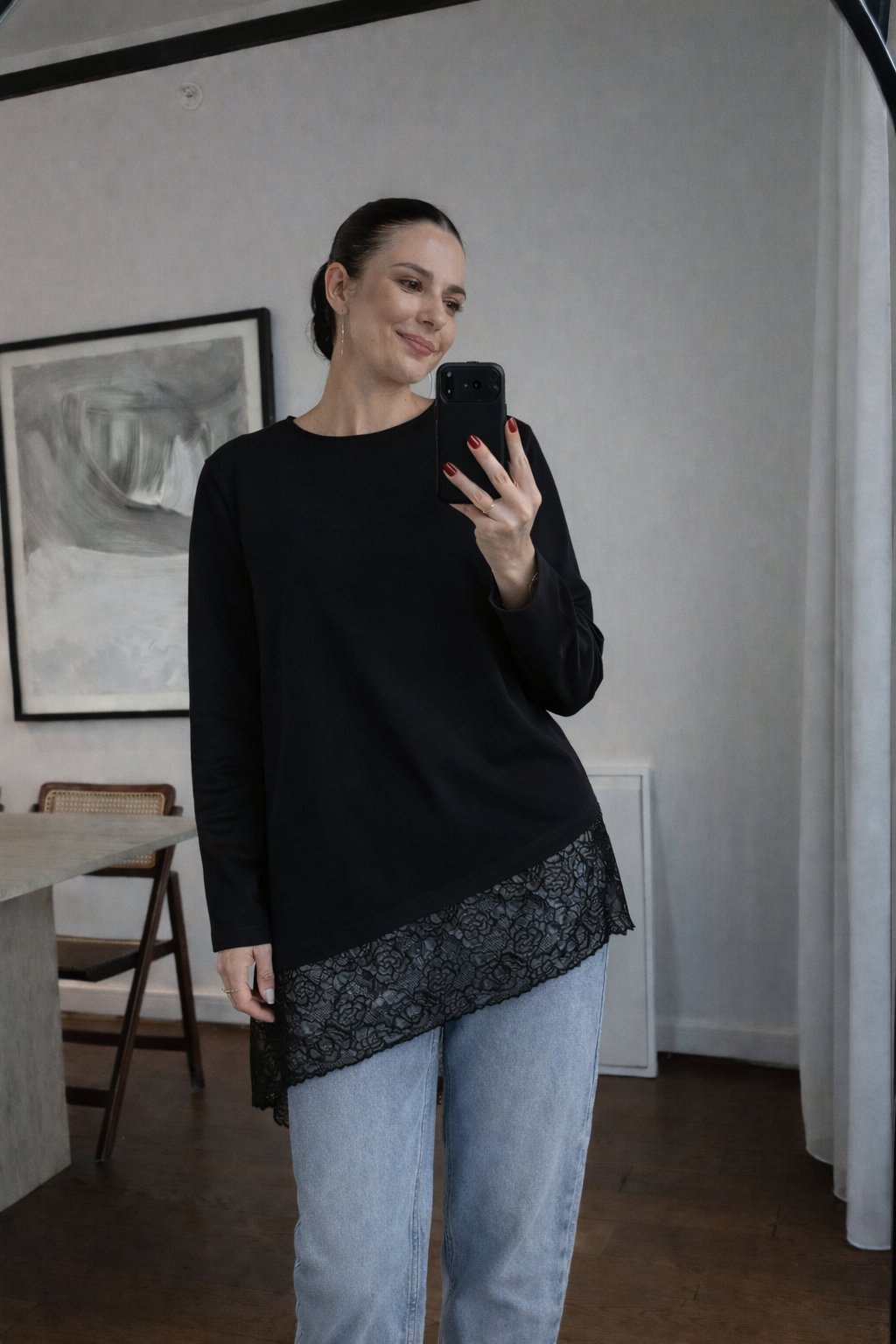 Oversized bias-cut blouse with lace details