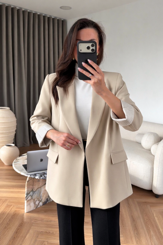 Oversized blazer with striped lining-beige