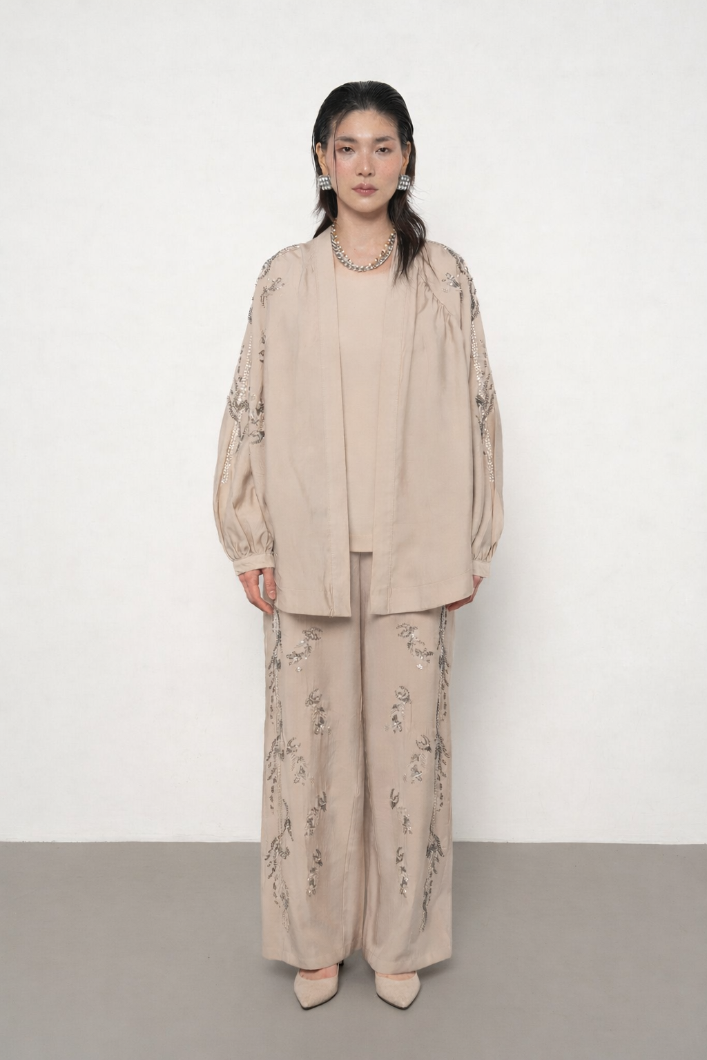 Beige premium Rhinestone Embellished Two-Piece Set