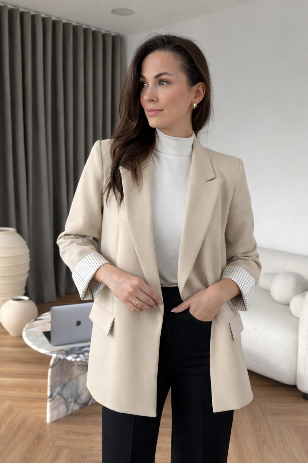 Oversized blazer with striped lining-beige