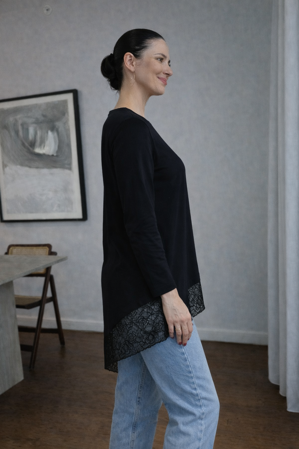 Oversized bias-cut blouse with lace details