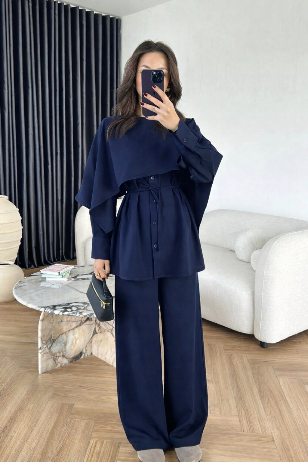 shirt with Cape,waistband Pants co-ord set - navy blue