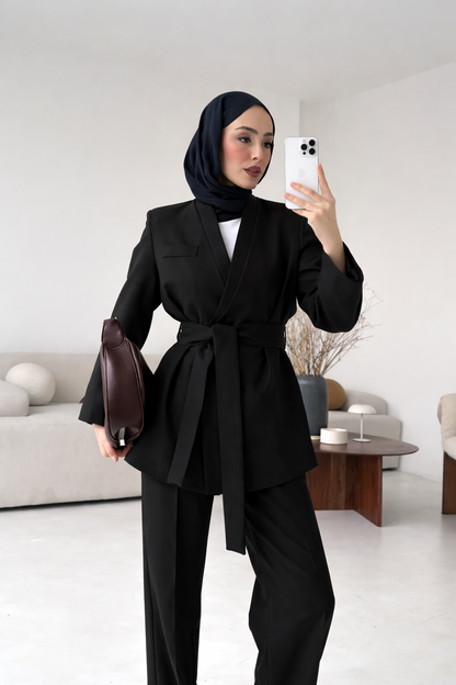 Black Premium belted blazer wide leg trouser suit
