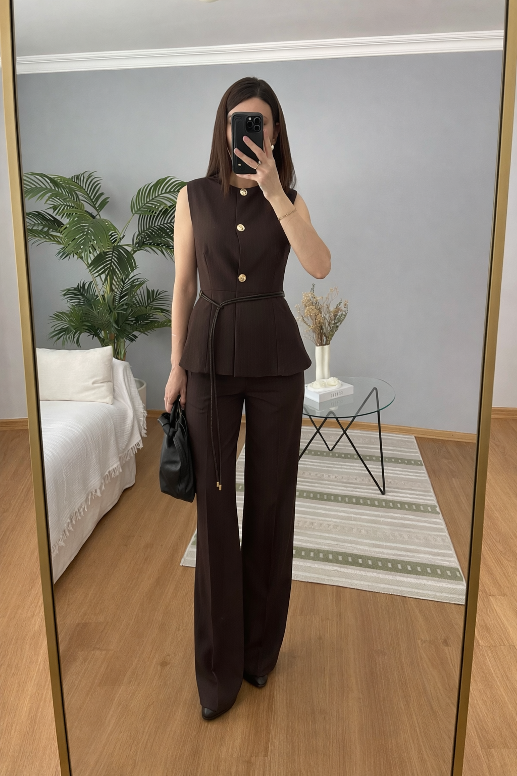 ZR Model striped brown Belted Vest Set