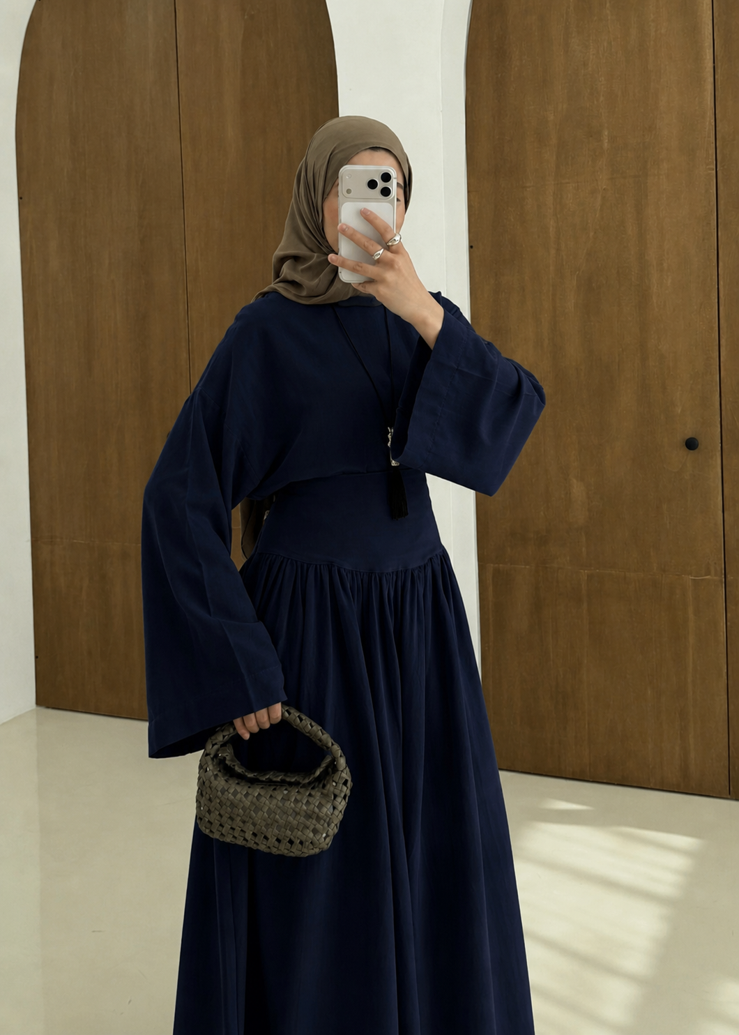 Wide sleeve blouse, High-waisted skirt with flowy silhouette Two-Piece Set - navy blue