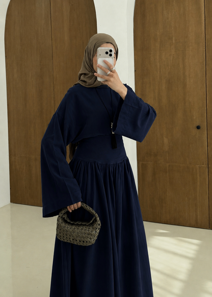 Wide sleeve blouse, High-waisted skirt with flowy silhouette Two-Piece Set - navy blue